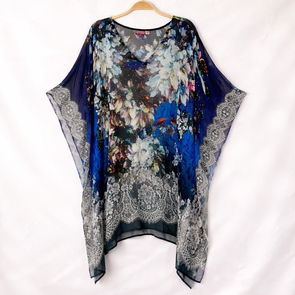 Embellished Crystal Rhinestone Floral Kimono Kaftan Women M Boho Cottagecore